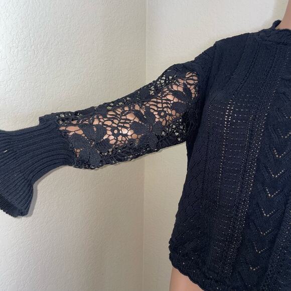 Fashion delicate crochet flower loose black sweater puff sleeve flared SZ XL - Picture 6 of 14